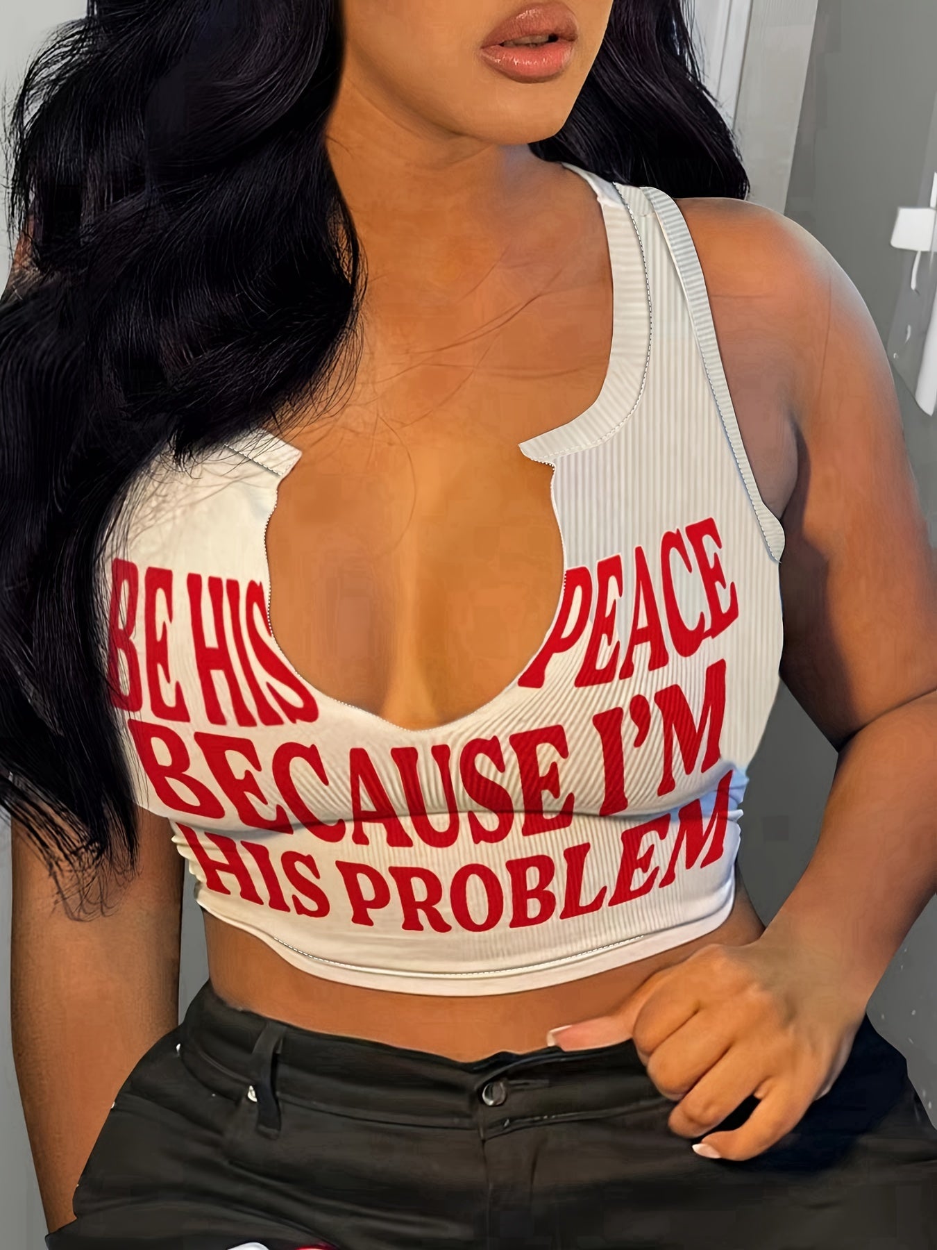 Letter Print Notched Neck Tank Top, Casual Sleeveless Crop Top For Spring & Summer, Women's Clothing