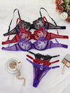 3pcs Floral Embroidery Sexy Lingerie Set, Single-Layer Mesh Underwire Bra and Thong, Black, Burgundy, and Purple Combo with Sheer Push-Up Bra and Panties