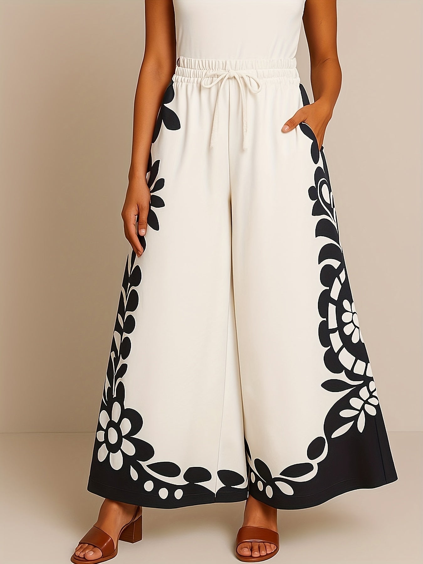 Women'S Skirt Pants Wide Leg Pants Elastic Waist Casual Wide Leg Pants With Pockets Trousers