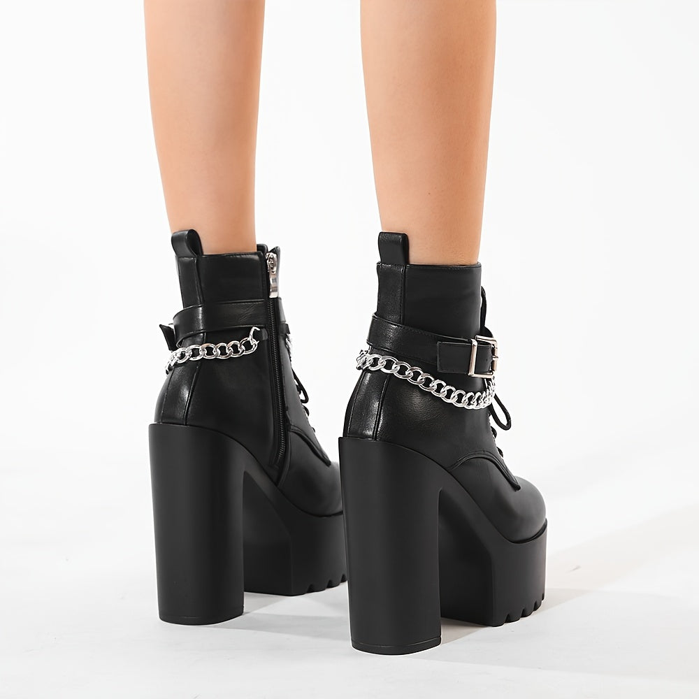 Women's Chain Decor Block Heeled Boots, Fashion Lace Up Side Zipper Boots, Women's Stylish Ankle Boots