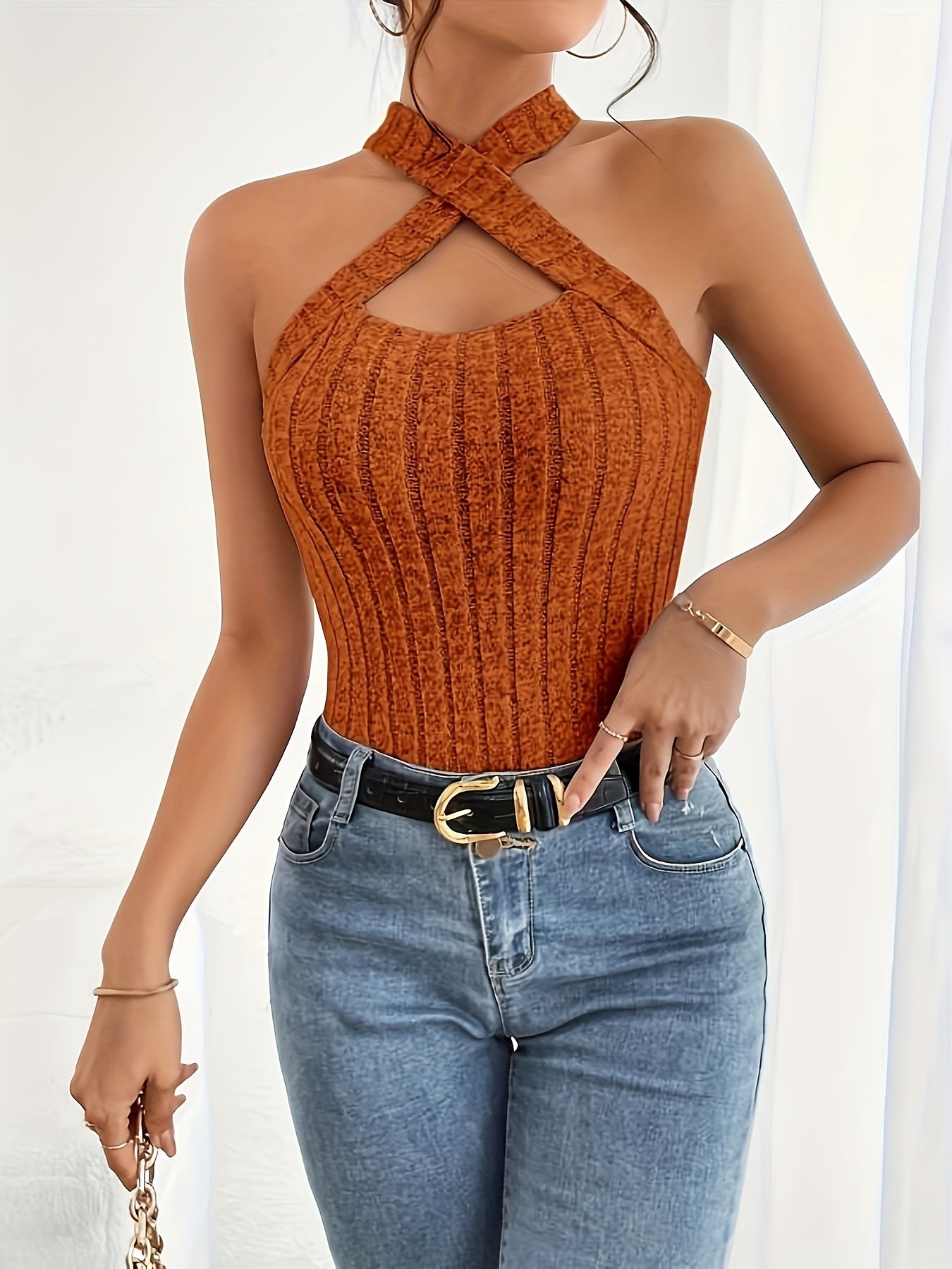 Set of 3 Women'S Fashion Halter Top Camisoles, Polyester Knit Fabric, Casual Solid Color Sleeveless Tanks, Stylish Ribbed V-Neck Crop Tops for Spring/Summer/Fall