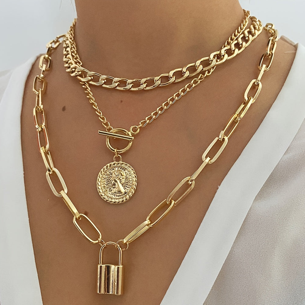 3pcs Vintage Golden Coin Pendant Necklace Set, Simple Alloy Cuban Chain, Women'S Fashion Jewelry for Banquet and Music Festival, Versatile Layering Accessory - All Seasons Compatible