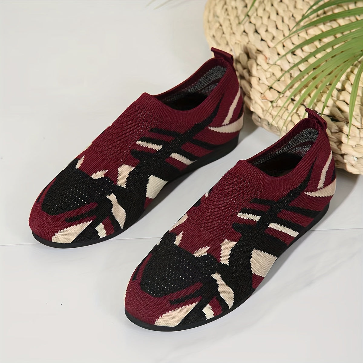 Women's Camouflage Pattern Flat Shoes, Breathable Knit Slip On Outdoor Shoes, Lightweight Low Top Shoes