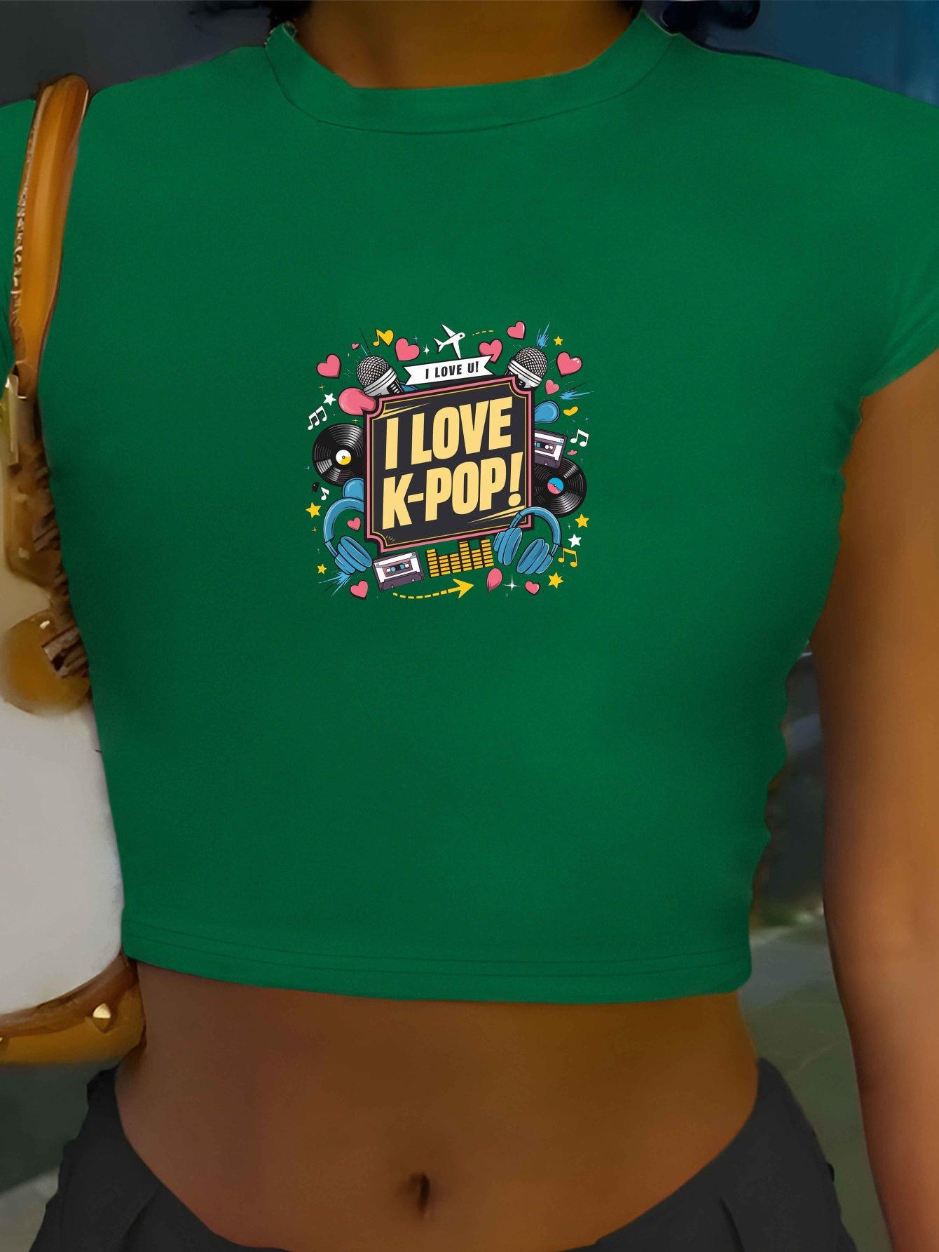 I Love K-Pop" Women's Y2K Fashion Crop Top T-Shirt - Vibrant Graphic Print, Soft Polyester & Spandex Blend, Stretchy, Machine Washable, Round Neck, Short Sleeve, Cute Shirts