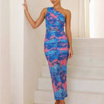 Women's Elegant Halter Neck Backless Mermaid Dress - Long Sleeveless Party Gown with Slash Details, Vibrant Blue & Pink Color Clash Print, Machine Washable for Weddings, Proms & Evening Dinners, Cocktail Party Gown | Backless