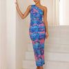 Women's Elegant Halter Neck Backless Mermaid Dress - Long Sleeveless Party Gown with Slash Details, Vibrant Blue & Pink Color Clash Print, Machine Washable for Weddings, Proms & Evening Dinners, Cocktail Party Gown | Backless