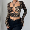 Women'S Leopard Print Hollow Out Crop Top, Halter Neck Jersey Knit Fabric, Polyester 95% Elastane 5%, All Season Short Length Blouse