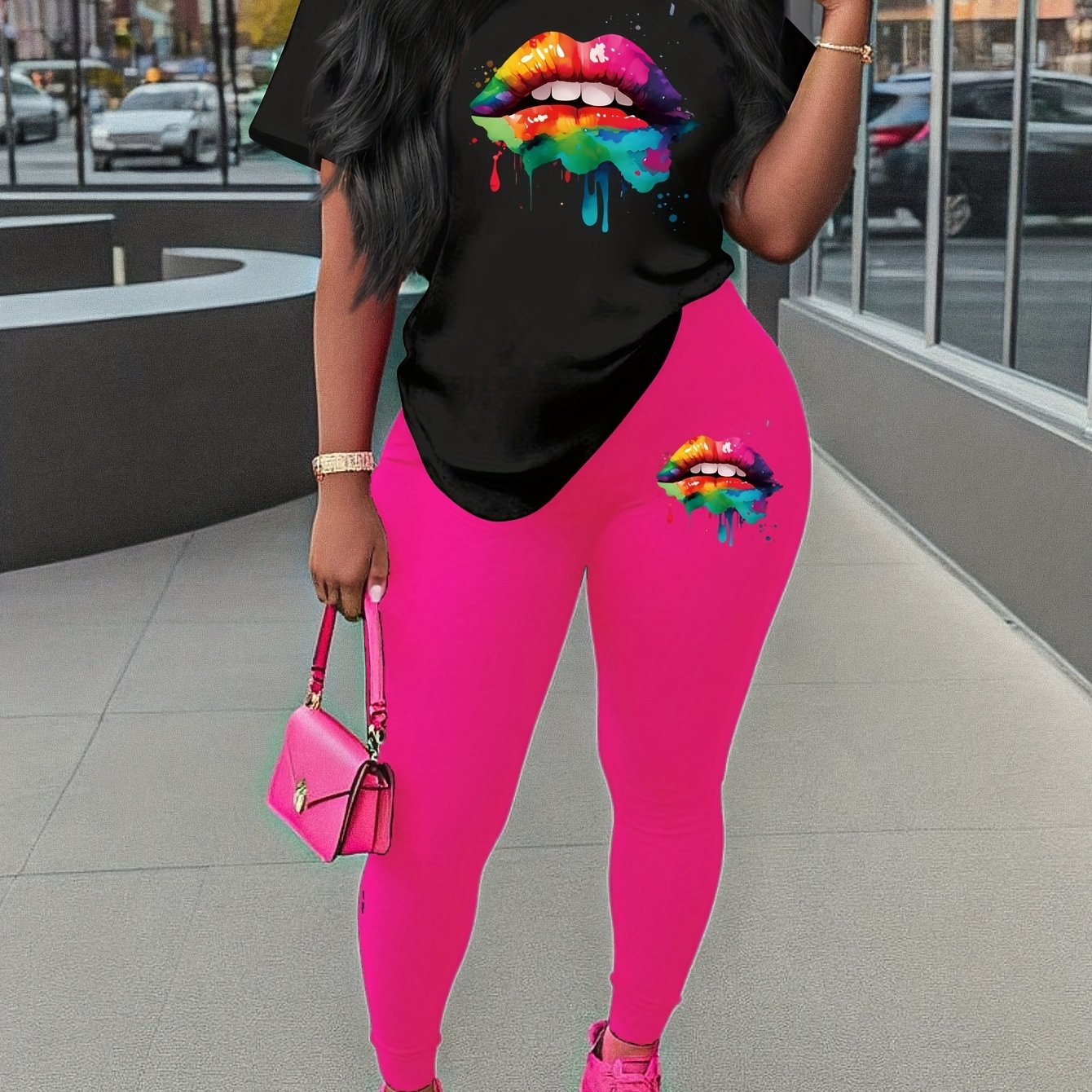 two piece Women's Two-Piece Lip Print Set: Short Sleeve T-Shirt & Leggings Outfit