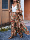 Elegant Floral Print Long Open Front Cardigan with Wide-Leg Pants Set for Women, Polyester, Machine Washable - Spring/Summer Collection