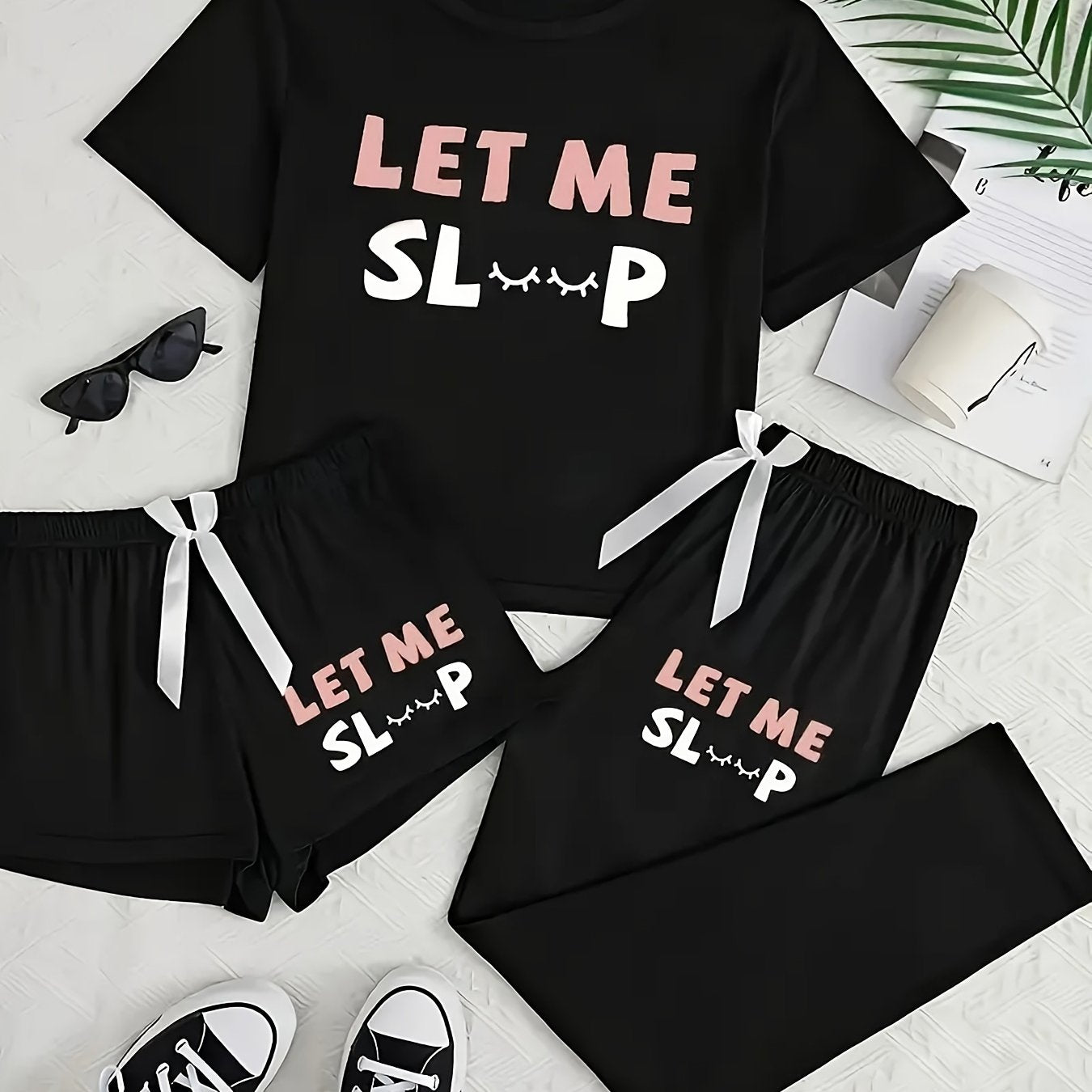 [Simple Letter Print] Women's Three Piece Set | Casual Pajamas | Short Sleeve Long Pants Shorts | Simple Letter Print