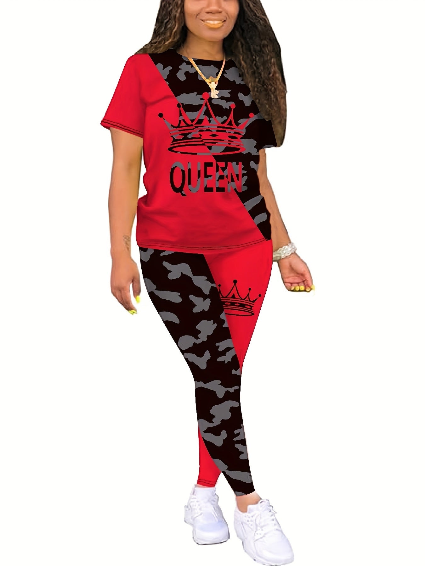 Color Matching Queen Positioning Print Spring and Summer New Casual Two-piece Set for Women