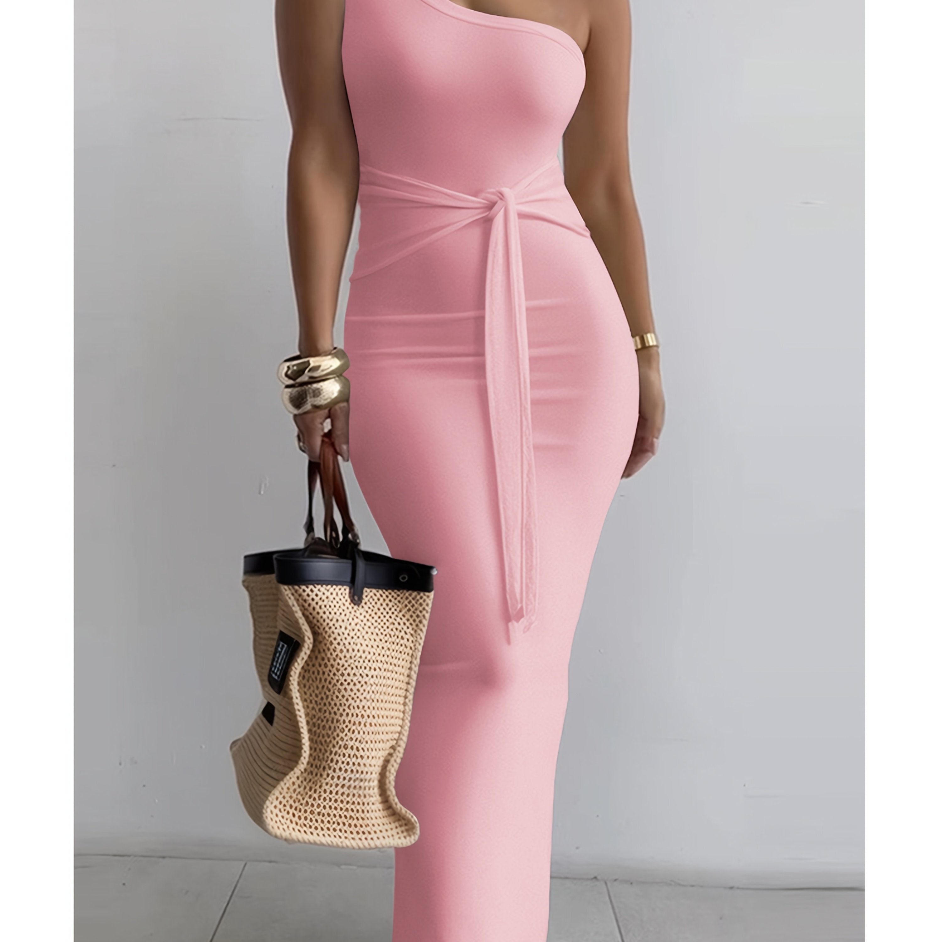 Women's Summer One-Shoulder Waist Tie Slim-Fit Pencil Dress - Sleeveless Elegant Solid Blue Long Dress for Casual & Formal Occasions