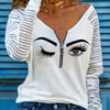 Ladies' V-neck Zipper Decorative Printed Fashion Casual T-shirt Top