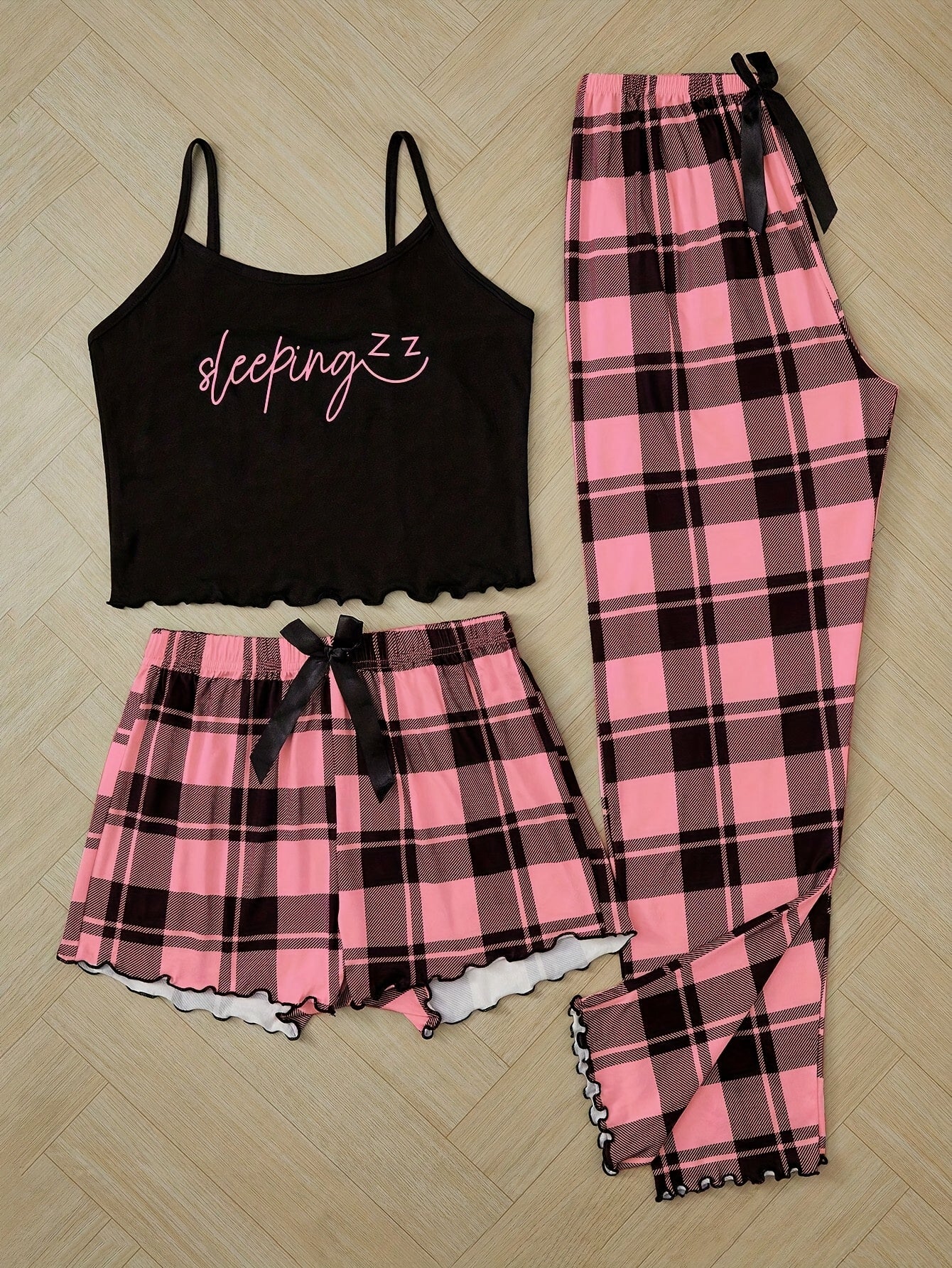 Women'S Pajama Set with Plaid Print and Motivational Quote