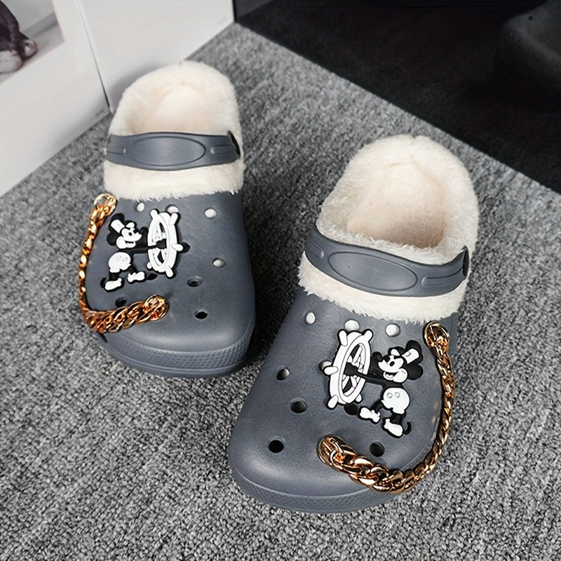 Women's Winter Thermal Clogs – Cartoon Pattern, EVA Sole, Fabric Liner, Golden Chain Detail