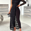 Women's Elegant Off-Shoulder Lace Sleeve Jumpsuit - Royal Blue Stretchy Bodycon Romper with Net Detailing, Machine Washable for Parties, Weddings & Formal Events, Wedding Guest Attire | Sleek Fit Fabric