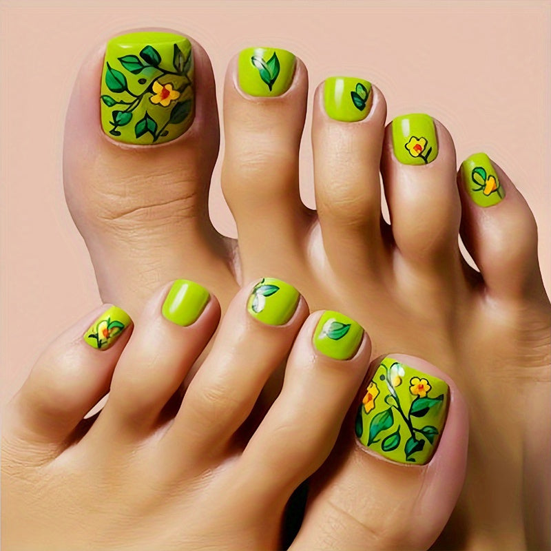 96pcs (4Pack)Reusable Nail Stickers with Mixed Color Short Squares, Glossy Surface, Leaf And Flower Patterns, Suitable for Spring And Summer Fashion Press Nail Stickers