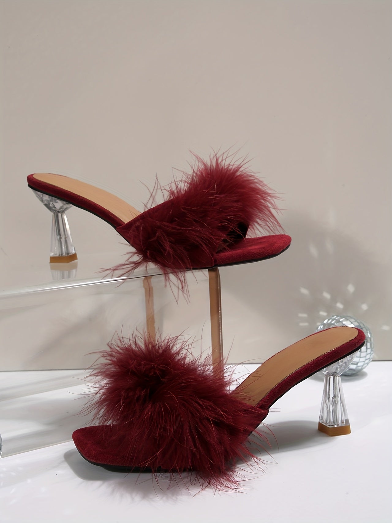 Exquisite Open - Toe High - Heel Slingbacks - Burgundy Furry Upper with Shiny Heels