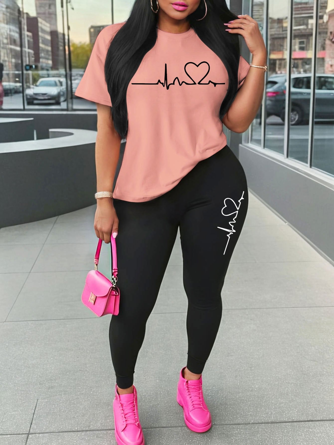 Women'S Love Heart Print Two-Piece Set, Casual Crew Neck Short Sleeve T-Shirt and Knit Polyester Leggings, All-Season Comfort, 96% Polyester 4% Spandex, 180gsm - Red