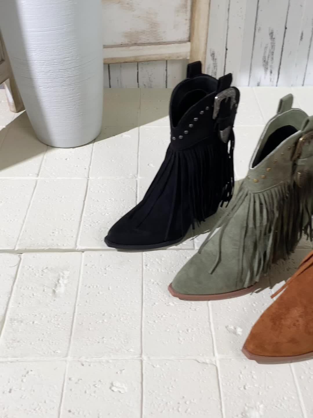 Chic Women's Mid-Calf Western Cowboy Boots with Tassel & Studded Details, Pointed Toe, Chunky Heel - Slip-On Casual Style