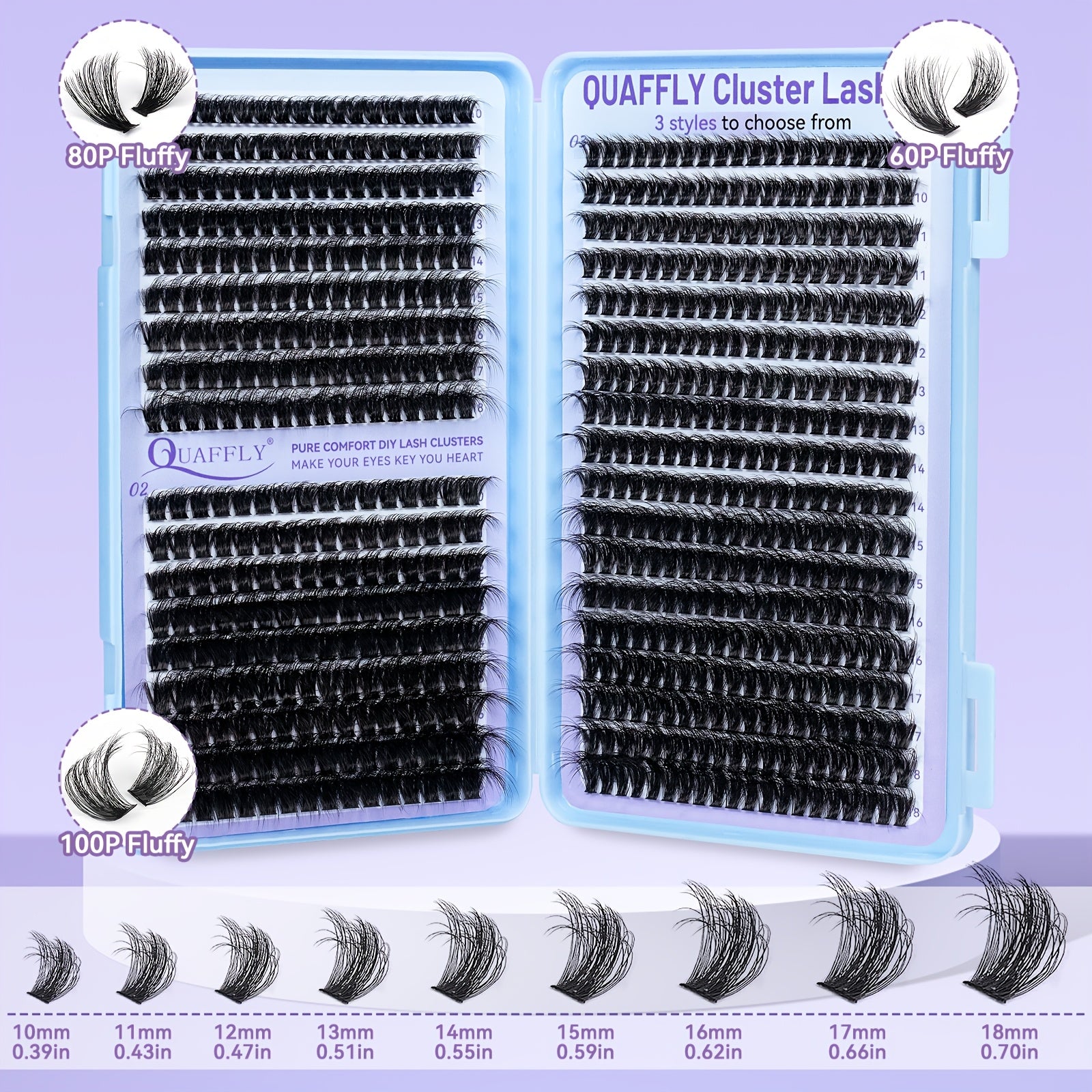 QUAFFLY Eyelashes 666pcs D-Curl Fluffy Eyelash Extension Set 60D+80D+100D Cluster Eyelash Extension Set 10-18mm Individual Cluster Eyelash Extension Set With Eyelash Bond And Seal, Eyelash Remover, Tweezers