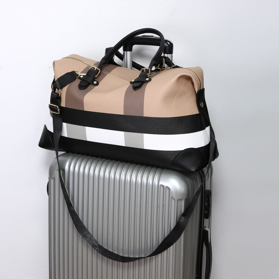 PU leather large overnight travel bag striped pattern handbag carry-on luggage bag suitable for vacation, overnight, camping, hiking, sports and fitness