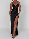 1pc Women's Elegant High-Slit Deep V Back Strapless Bodycon Dress - Polyester Spandex Blend, Machine Washable, Mid-Stretch, Smooth Finish, Perfect for Evening Parties, Banquets, and Special Occasions