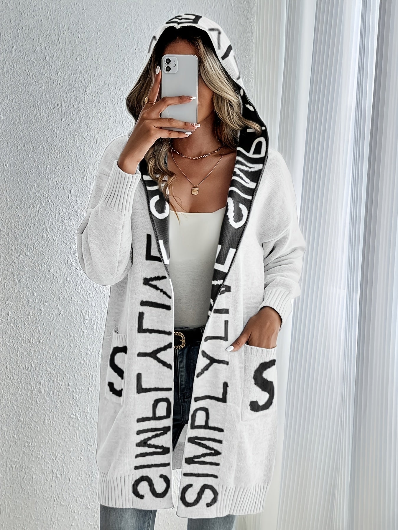 Women's Letter Print Open Front Knit Cardigan - Casual Hoodie Long Sleeve - Cozy Fleece Material - For Fall & Winter - Perfect for Casual Wear & Layering - Ideal Gift for Women