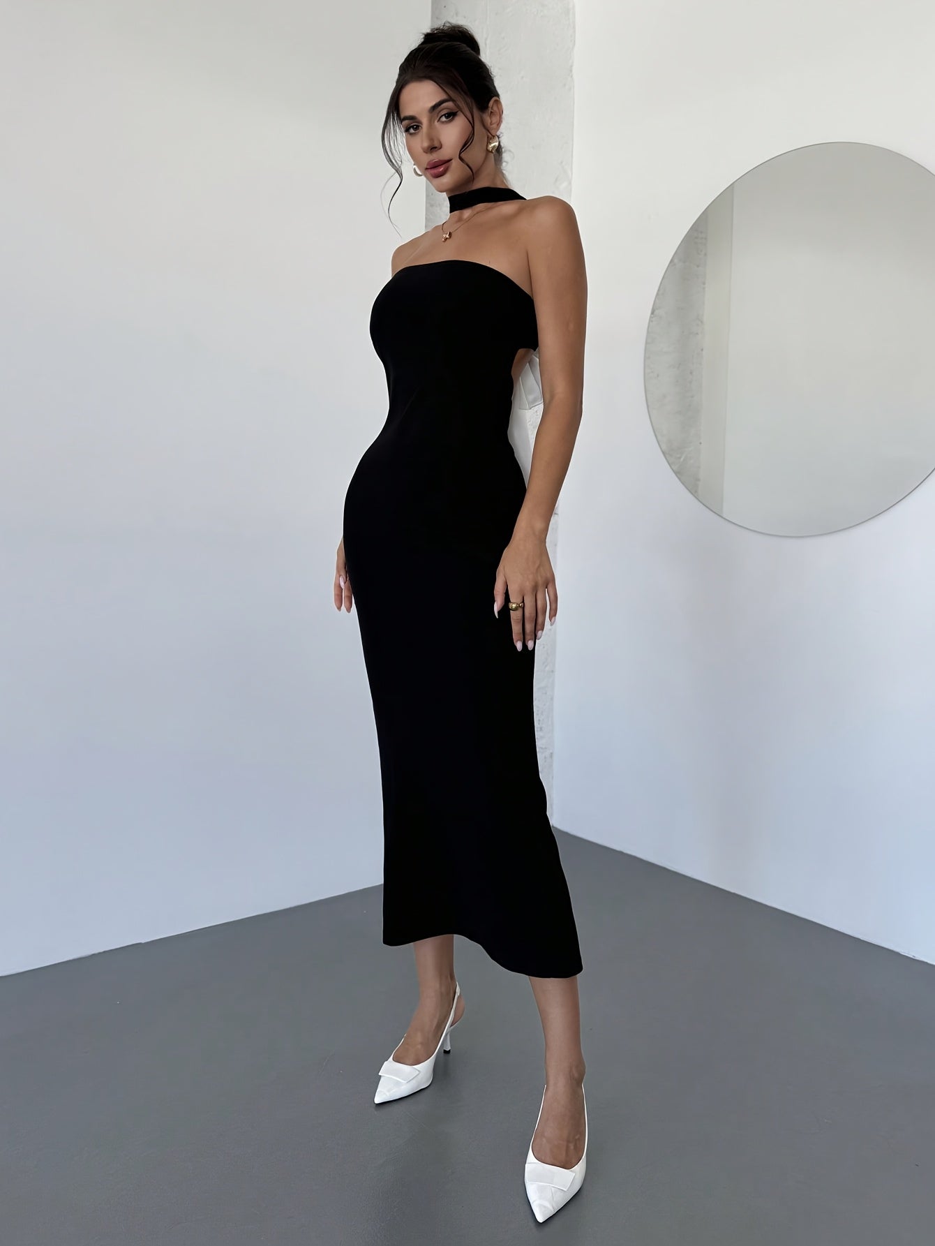 Women's Elegant Off-Shoulder Back Bow Mermaid Dress - Sexy Party & Formal Evening Gown with Bodycon Fit, Machine Washable Black Dress for Halloween, Galas & Special Occasions, Galaxy Event Attire | Sleek Silhouette