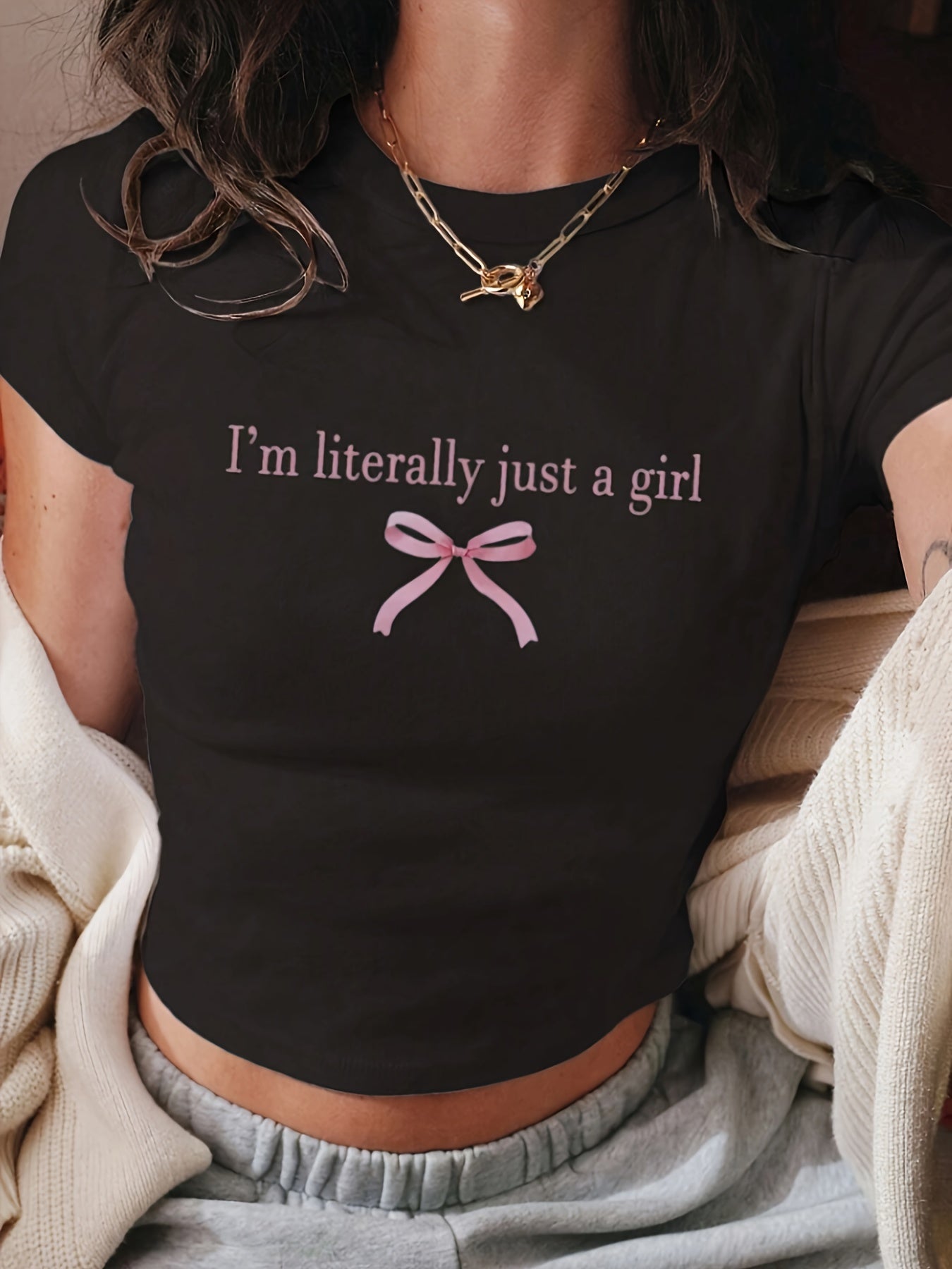 Letter & Bow Print Crew Neck T-shirt, Casual Short Sleeve Crop Top For Spring & Summer, Women's Clothing