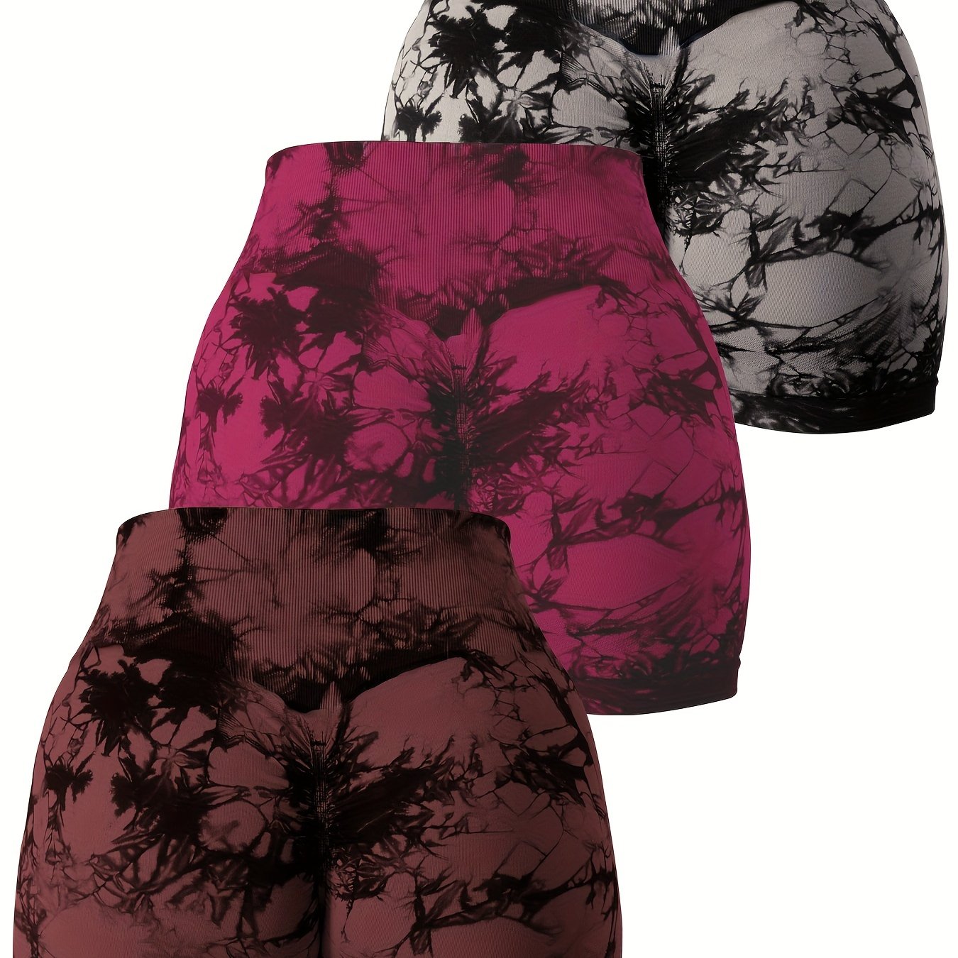 3pcs Women's High Waist Tie-Dye Yoga Shorts - Seamless, Stretchy Nylon Workout Shorts with Vibrant Purple & Black Tie-Dye Pattern, Breathable Gym & Athletic Gear for Summer