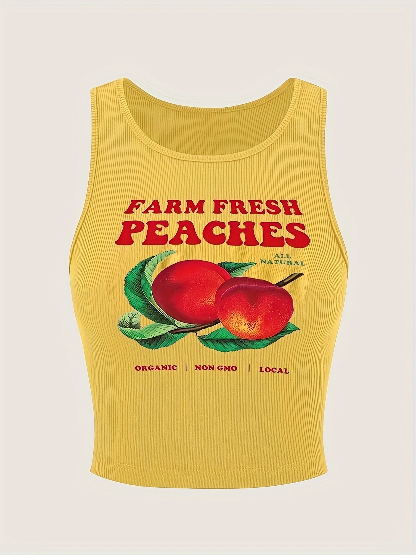 Y2K Sleeveless Crop Tank Top - Peach Print Crew Neck - Women's Spring & Summer Clothing