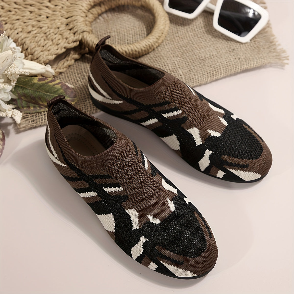 Women's Camouflage Pattern Flat Shoes, Breathable Knit Slip On Outdoor Shoes, Lightweight Low Top Shoes