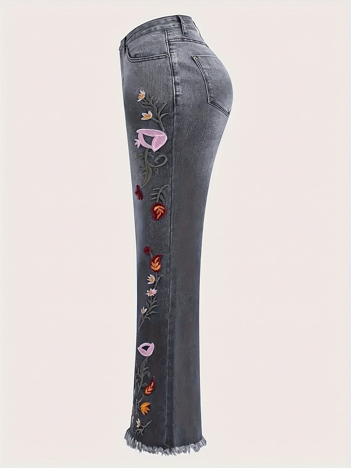 Vintage Floral Embroidered Denim Bell Bottom Jeans for Women - Medium Stretch Woven Fabric, All-Season Flare Pants
