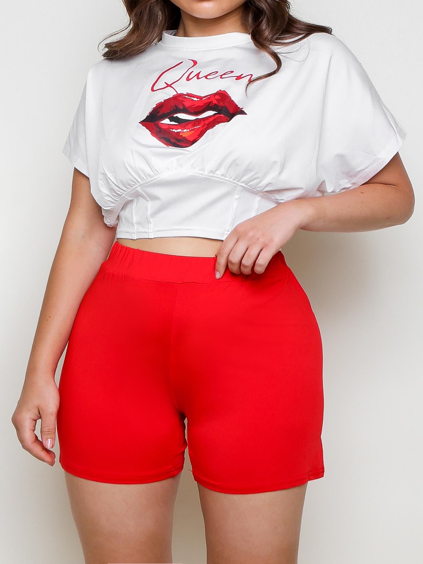 LIP LETTER PRINT CORSET DESIGN CROP TOP SHORTS SET