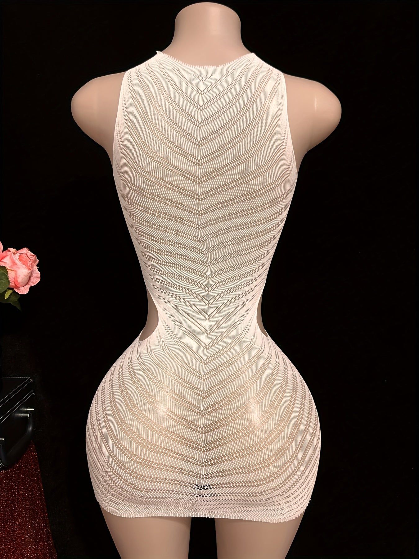 1pc of White Sexy Fitted Sleeveless Bodysuit Dress with Side Waist Hollow Design, High Elasticity Mesh Fabric, Beach Cover-Up.