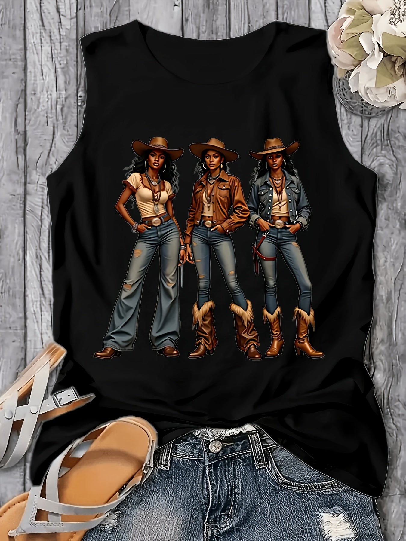 Western Style Denim Printed 160G Women'S Casual Round Neck Vest, Spring And Summer Women'S Vest, Simple Design, Machine Washable, Surprise Gift for Valentine'S Day, New Year And Other Holiday Atmospheres