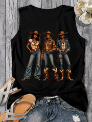 Western Style Denim Printed 160G Women'S Casual Round Neck Vest, Spring And Summer Women'S Vest, Simple Design, Machine Washable, Surprise Gift for Valentine'S Day, New Year And Other Holiday Atmospheres