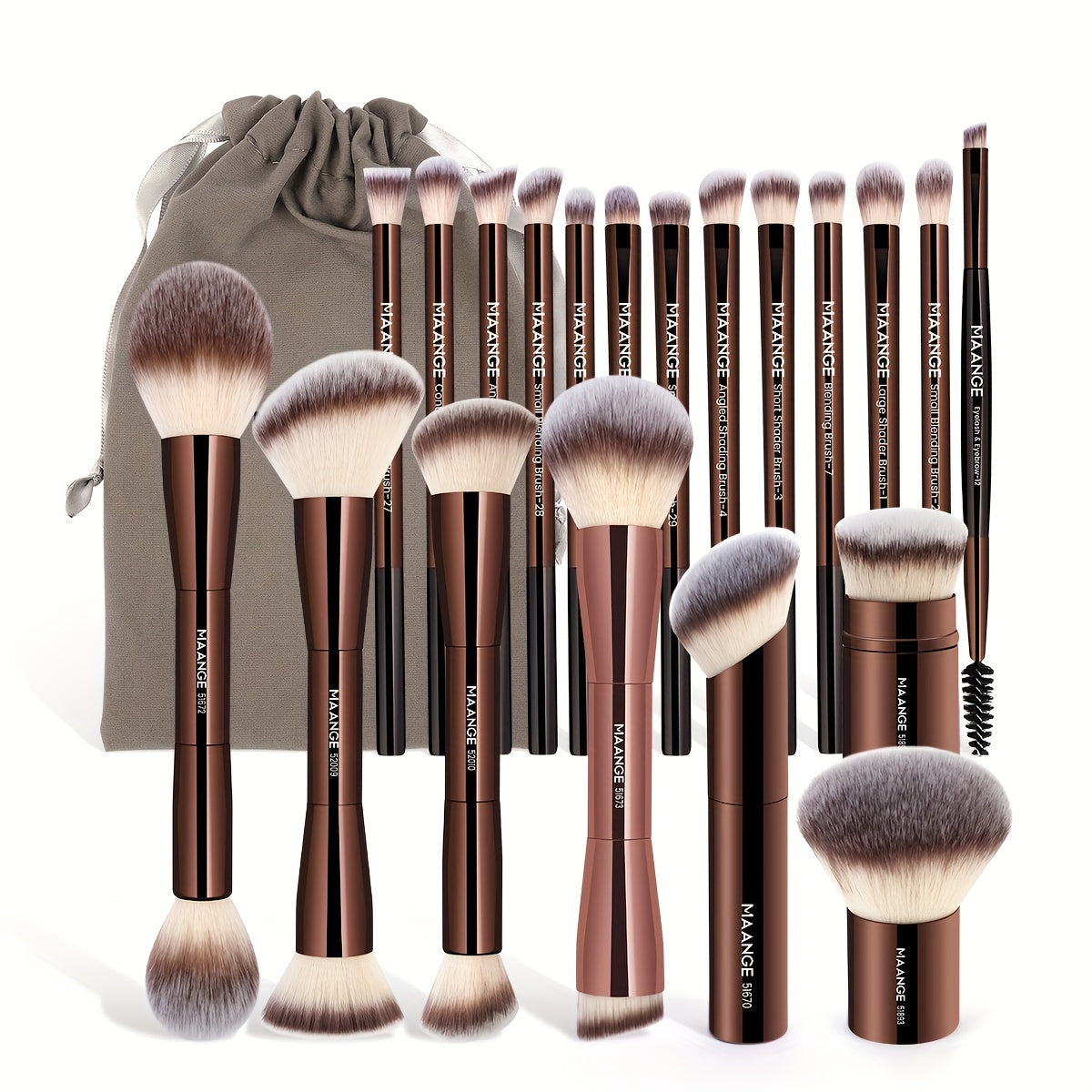 MAANGE 21-Piece Professional Makeup Brush Set, Includes 20 Aluminum Tube Brushes with Velvet Bag, Foundation, Contour, Powder, Blush, Eyeshadow, Eyelash, Browsing Brushes, Travel-Friendly, Unfragranced, Nylon Bristles, Metal
