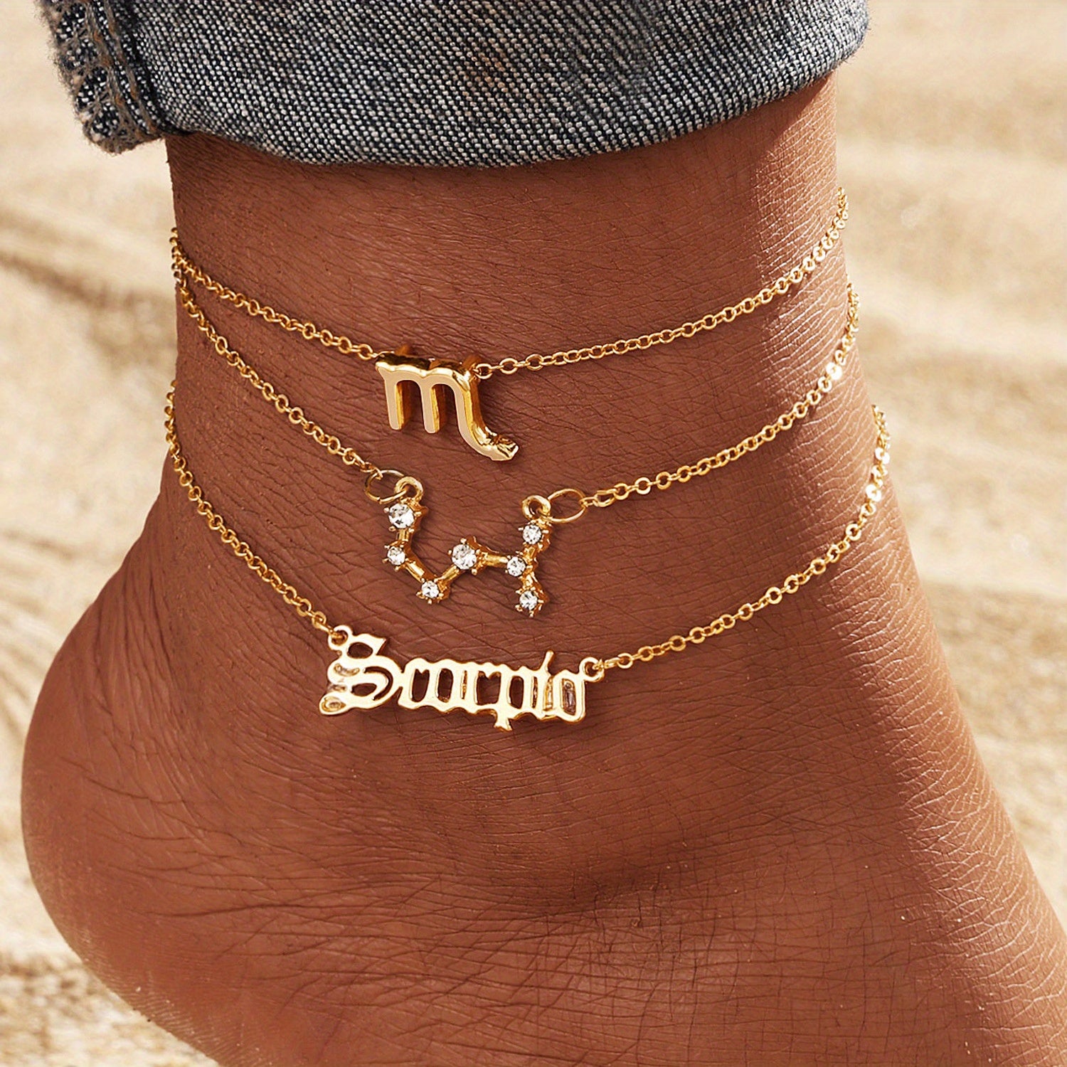 Alloy Inlaid Rhinestone Women'S Zodiac Ankle Chain, Spring And Summer, 3pcs of Beach Barefoot Accessories, Suitable for Vacations, Parties, Dates, Music Festivals