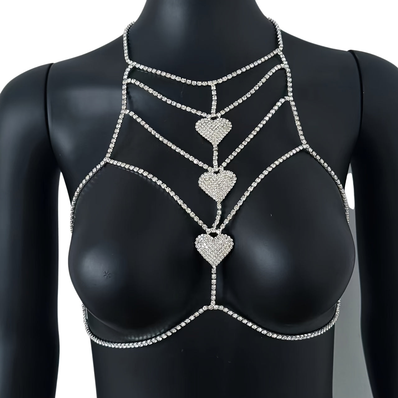 Luxurious Silvery-Plated Rhinestone Heart Body Chain - Sexy Multi-Layer Chest & Neck Jewelry for Women, Perfect for Parties and Bikini Accessories