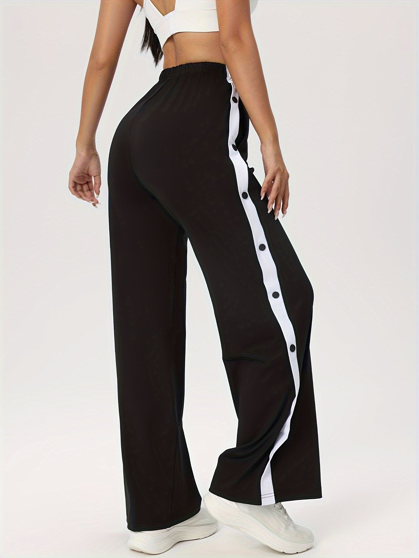 High Waist Button Side Stripe Track Pants - Polyester Spandex Blend, Sports Style, High Stretch Knit Fabric, Solid Color, Loose Fit, Long Length Yoga Pants for Fitness Running - For Women & Men - All Season Suitable - Perfect