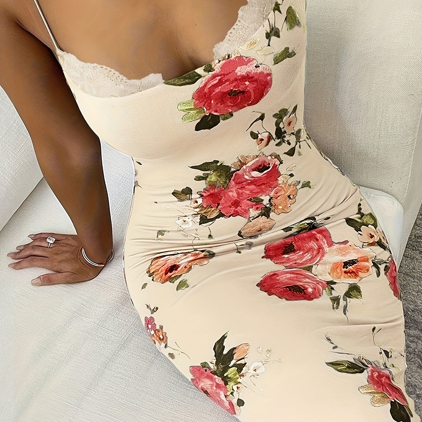 Print Lace-Trim Cami Midi Dress - Sleeveless, Stretch Fit, Summer Women’s Fashion in Green with Vibrant Pink & Peach Flowers