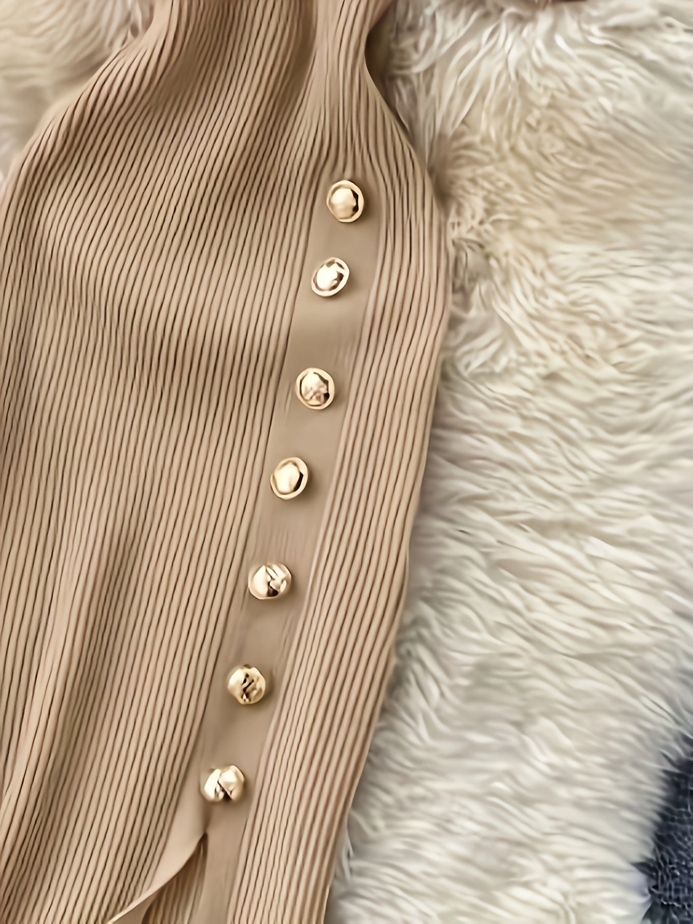 Sophisticated Gatherings] Elegant Beige Ribbed Knit Midi Dress with Side Slit and Button Detail - Short Sleeve, Round Neck, Stretchy Viscose Blend, Perfect for Sophisticated Evenings, Elegant Event Dress|Midi Length Dress|Lux