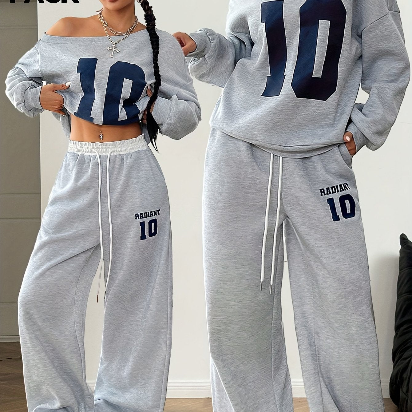 Digital Print Warm Asymmetric Collar Long Sleeve Sweatshirt and White Elastic Waist Wide Leg Jogging Pants