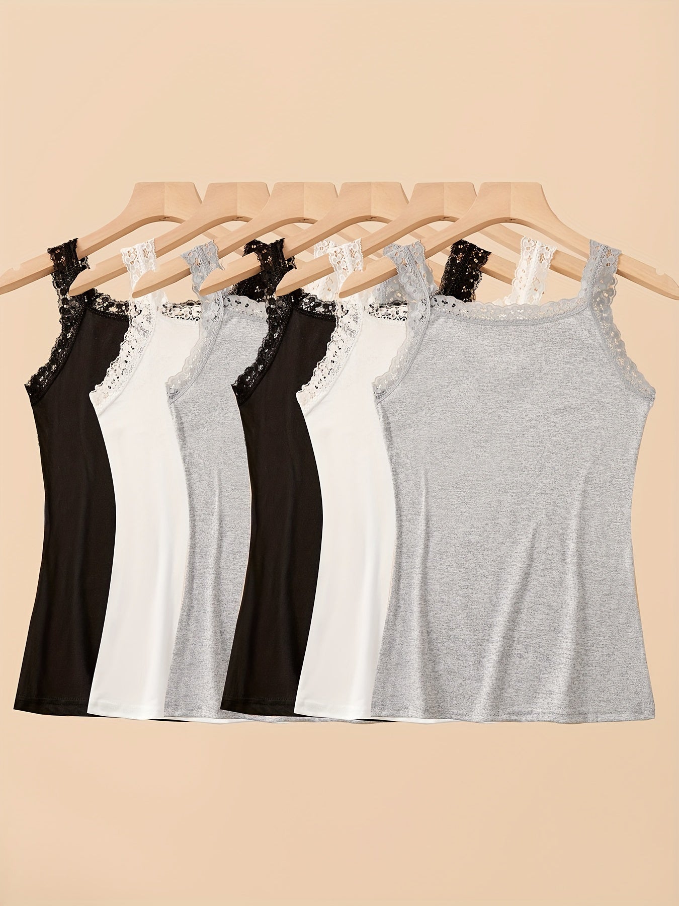 6pcs Autumn & Winter Thin Sleeveless Solid Lace Trim Vest, Versatile Crew Neck Vest Top, Women's Lingerie