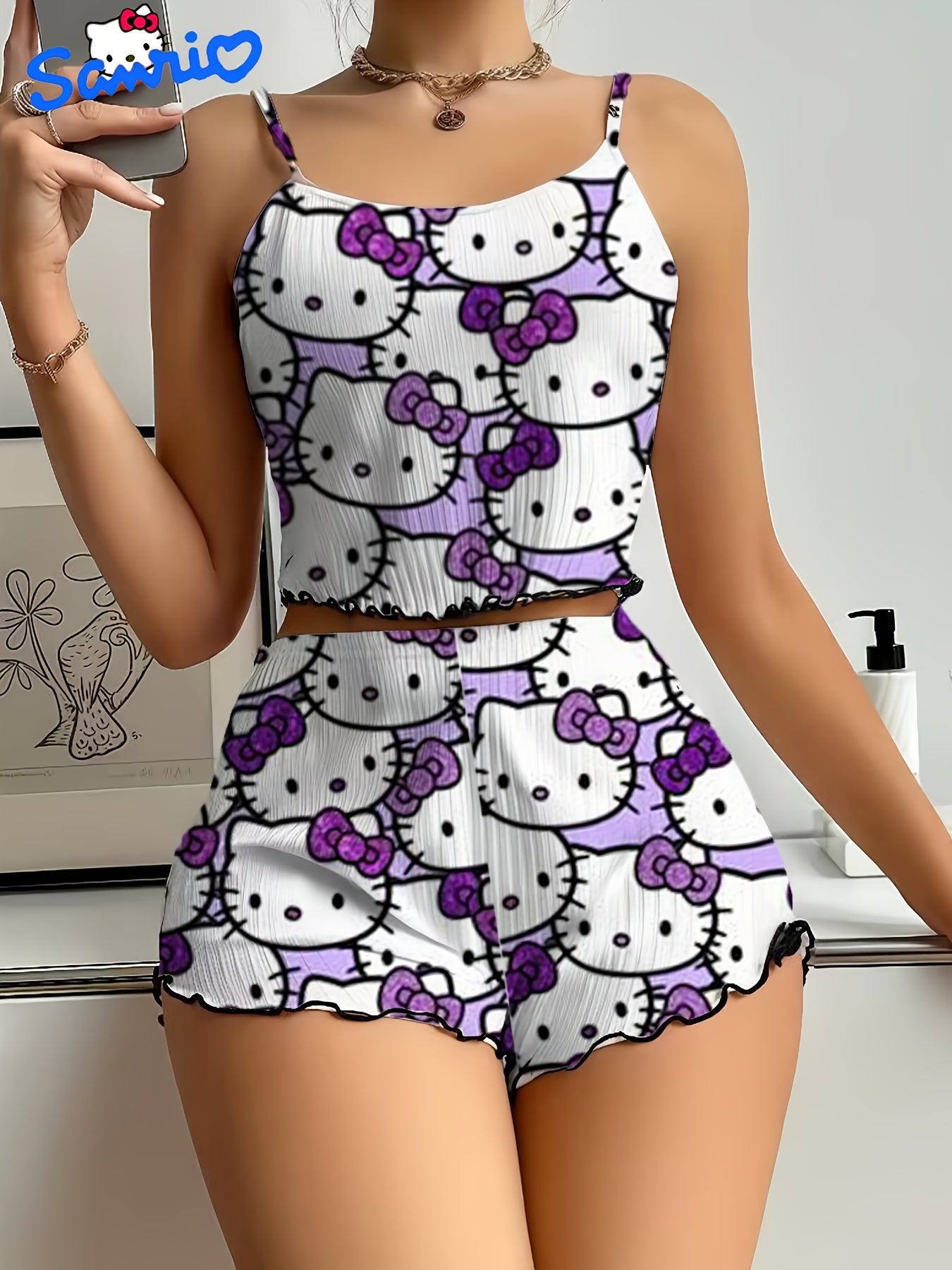 Sanrio for hello kitty Women'S Shorts Set - Elegant Off-Shoulder, Cartoon Print, Polyester Knit Pajamas with Ruffle Detail, All-Season Comfort, Adult Sleepwear, Shorts Set|Playful Print|Polyester Fabric