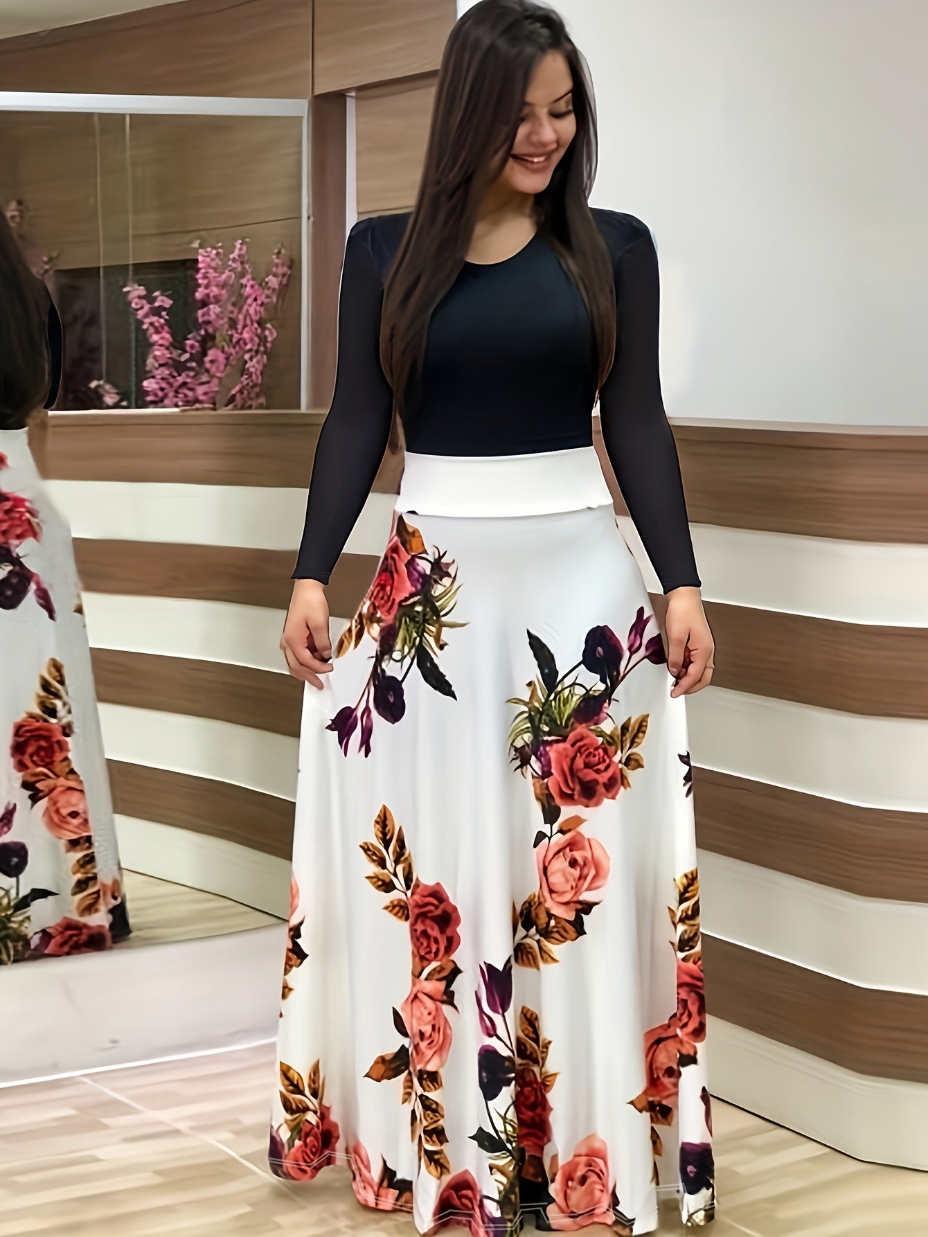 Stunning Floral Print Maxi Dress - Women's Elegant Long Sleeve Crew Neck Splicing Dress for Spring & Fall - Perfect for Various Occasions