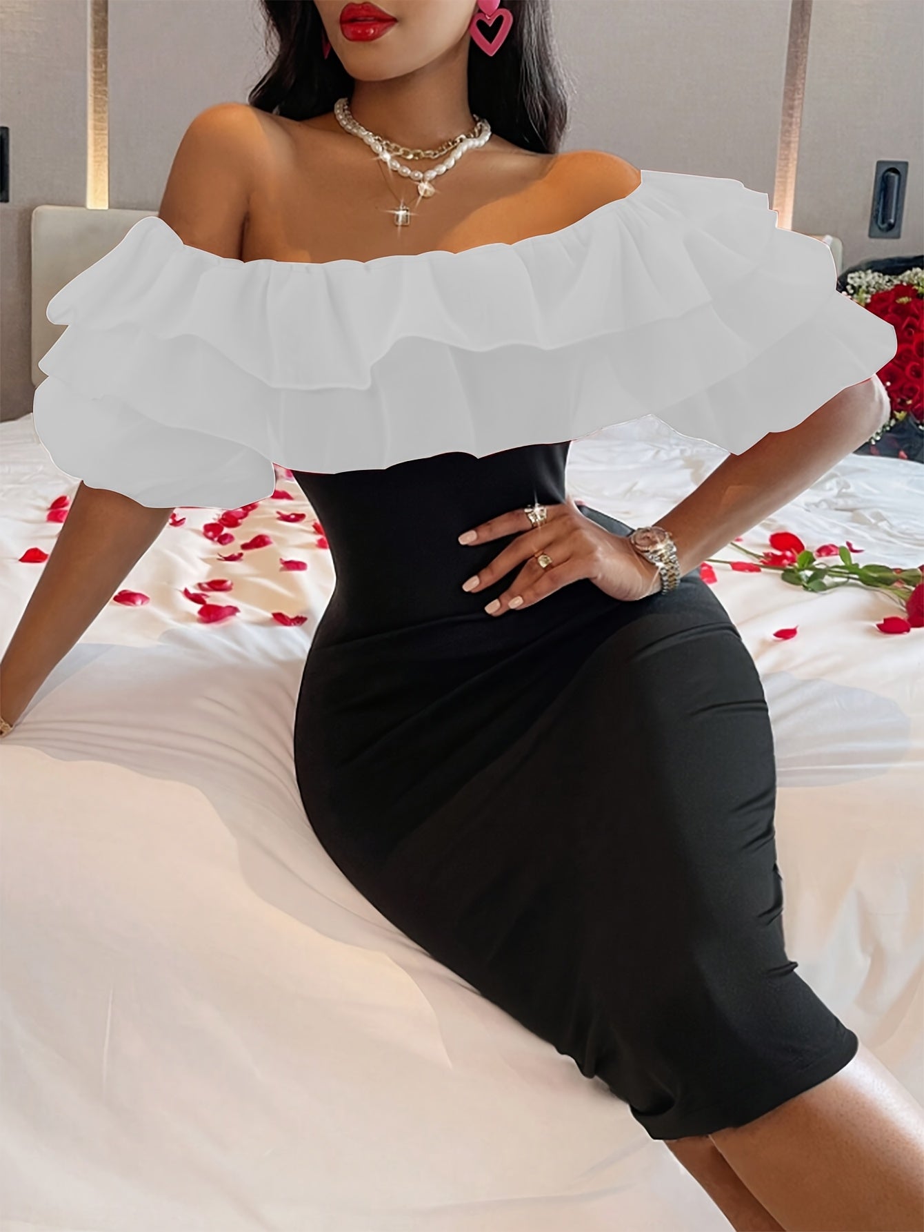 [Stretchy Comfort] Elegant Red Off-Shoulder Ruffled Dress for Women - Stretchy Bodycon Midi with Side Slit, Valentine’s Day Special Occasion, Machine Washable, Form-Fitting Design, Elegant Event Clothing | Ruffled Bodice |