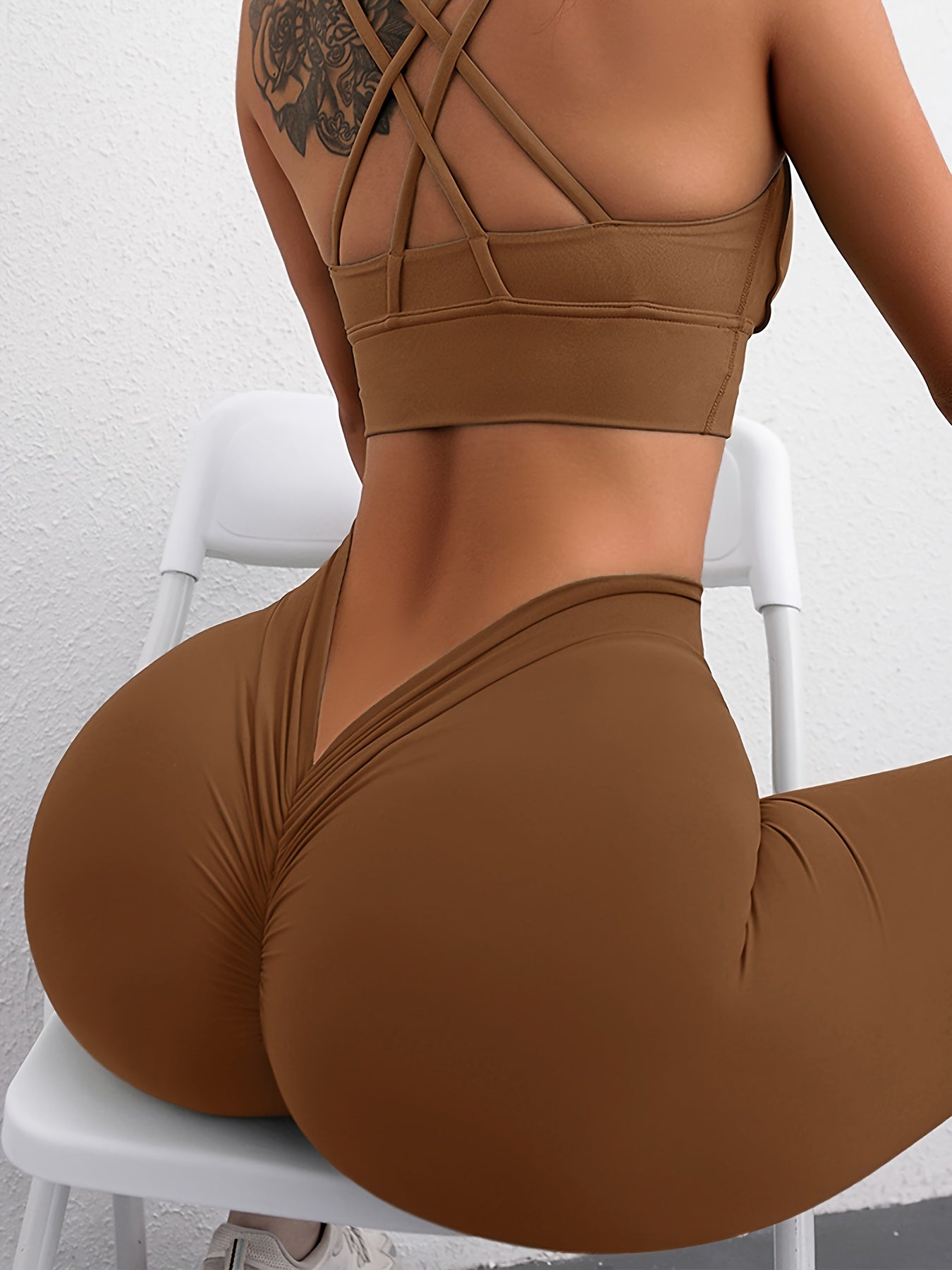 [High-Waisted Lift Yoga Pants] Women's High-Waisted Peach Lift Yoga Pants, Sexy Solid Color Cropped Leggings with Frill Detail, 78% Polyamide 22% Elastane Knit Fabric, All-Season Stretch Fitness Activewear